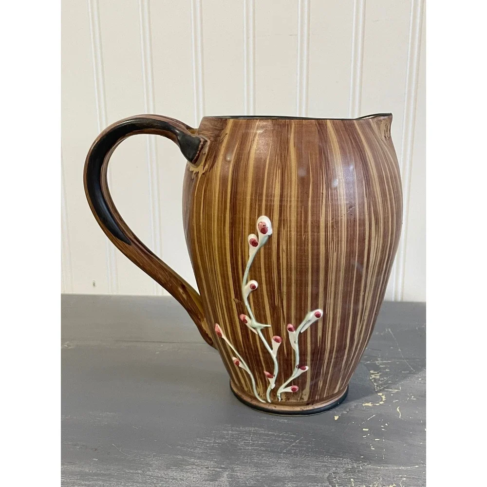 Vintage Hand Painted Italy Ceramic Floral Pitcher Brown‎ Wood Grain 3D Daisy Jug